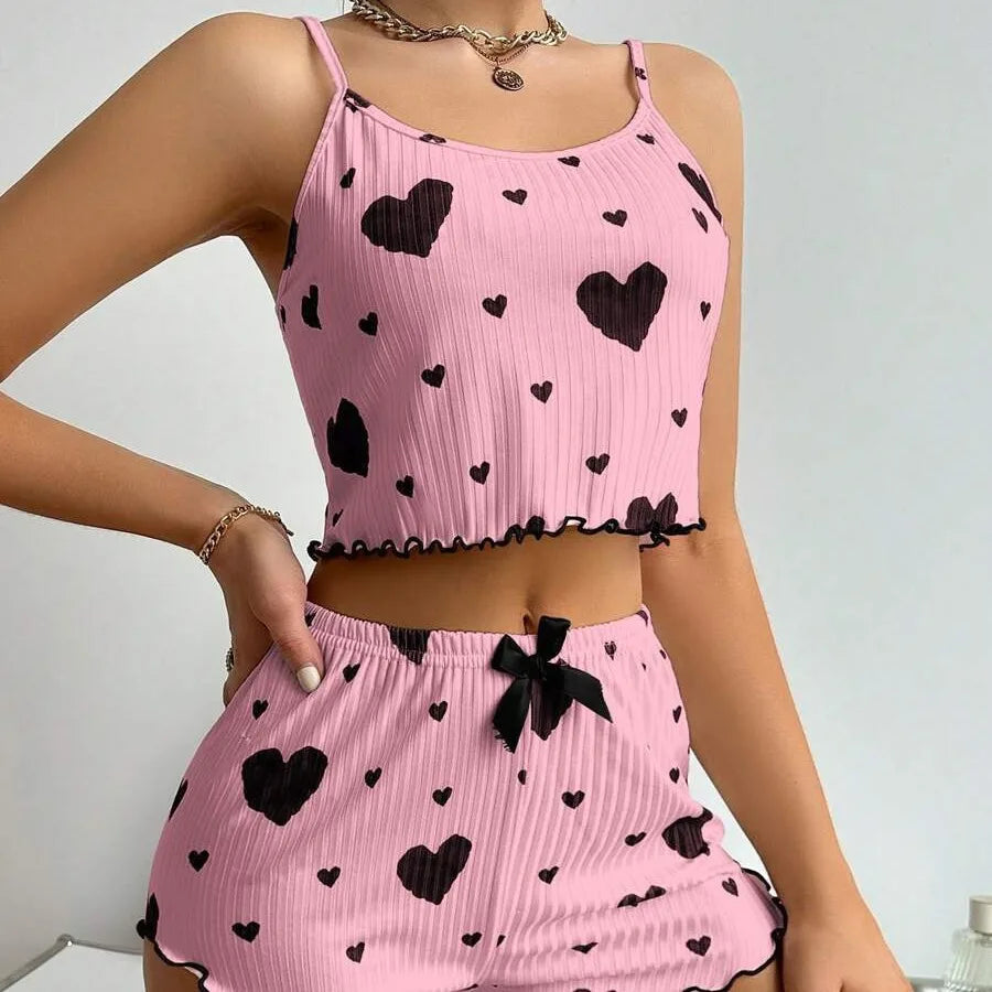 Women's Heart Print Pajama Set 2PCS Soft Ribbed Tank Top and Shorts Lightweight Sleepwear Loungewear S M L