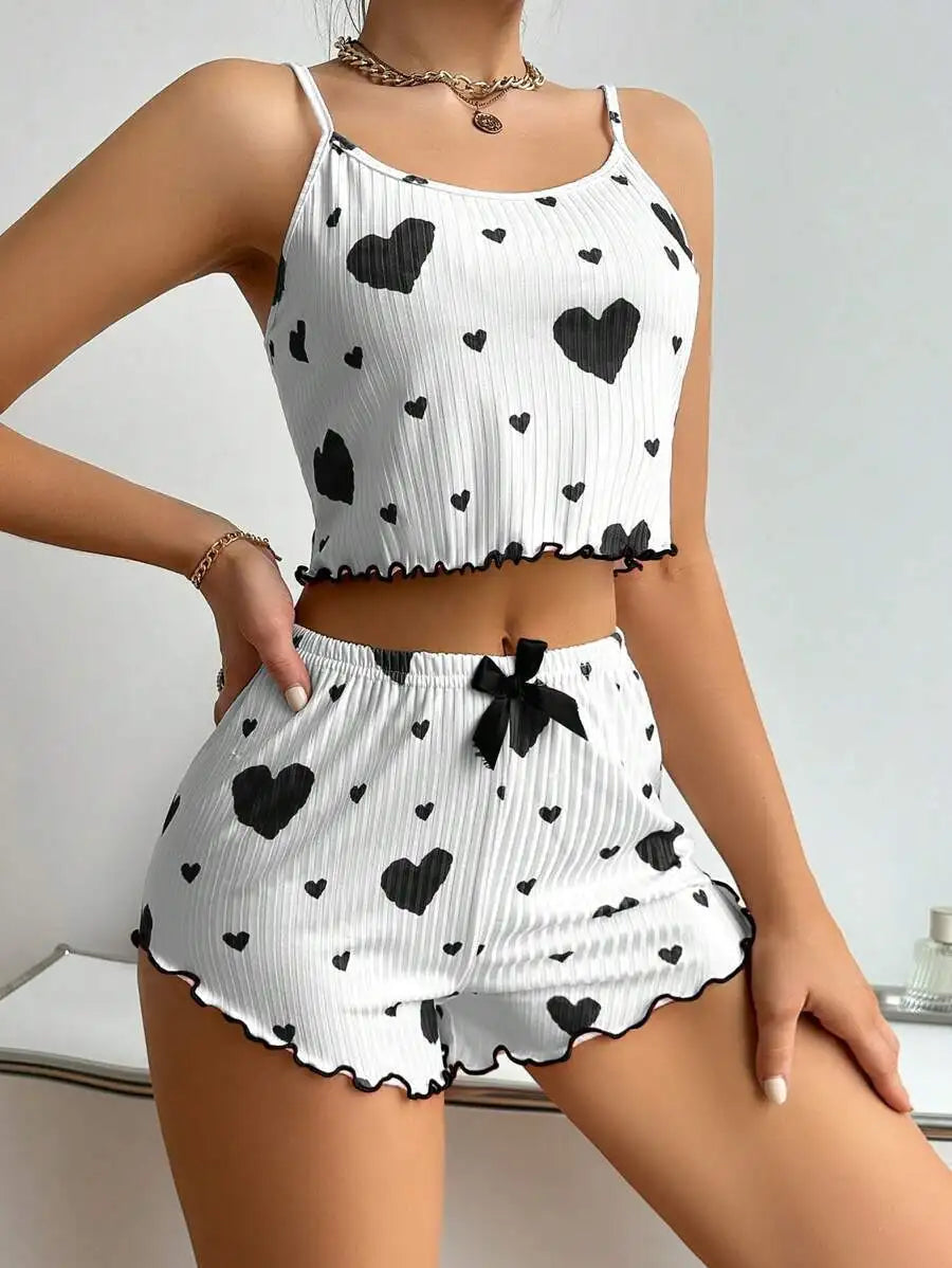 Women's Heart Print Pajama Set 2PCS Soft Ribbed Tank Top and Shorts Lightweight Sleepwear Loungewear S M L