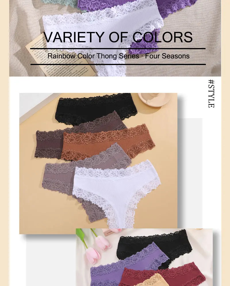 INTIMO SECRETS 3PCS Lace Cotton Thongs – Sexy Low-Rise Seamless G-String Underwear for Women S-XL