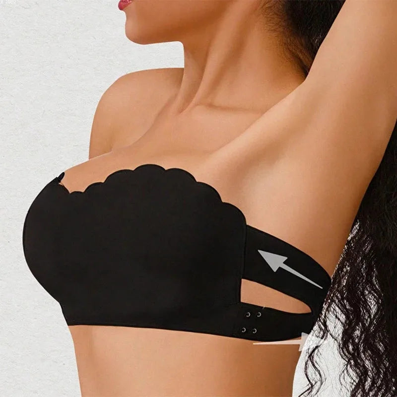Women's Sexy Strapless Wavy Trim Bandeau Bra Seamless Backless With Side Clasp Ice Silk Top Women Anti-slip Off-shoulder Bra