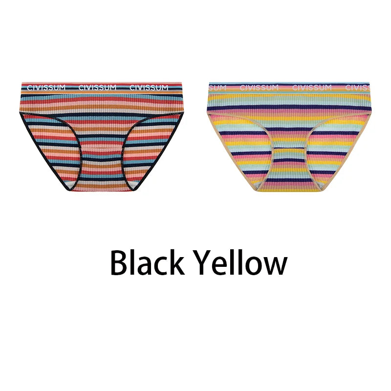2PCS/Set Women Cotton Plus Size Panties M-4XL Comfort Underwear Sexy Colorful Rainbow Striped Lingerie Girls Cute Briefs NK608