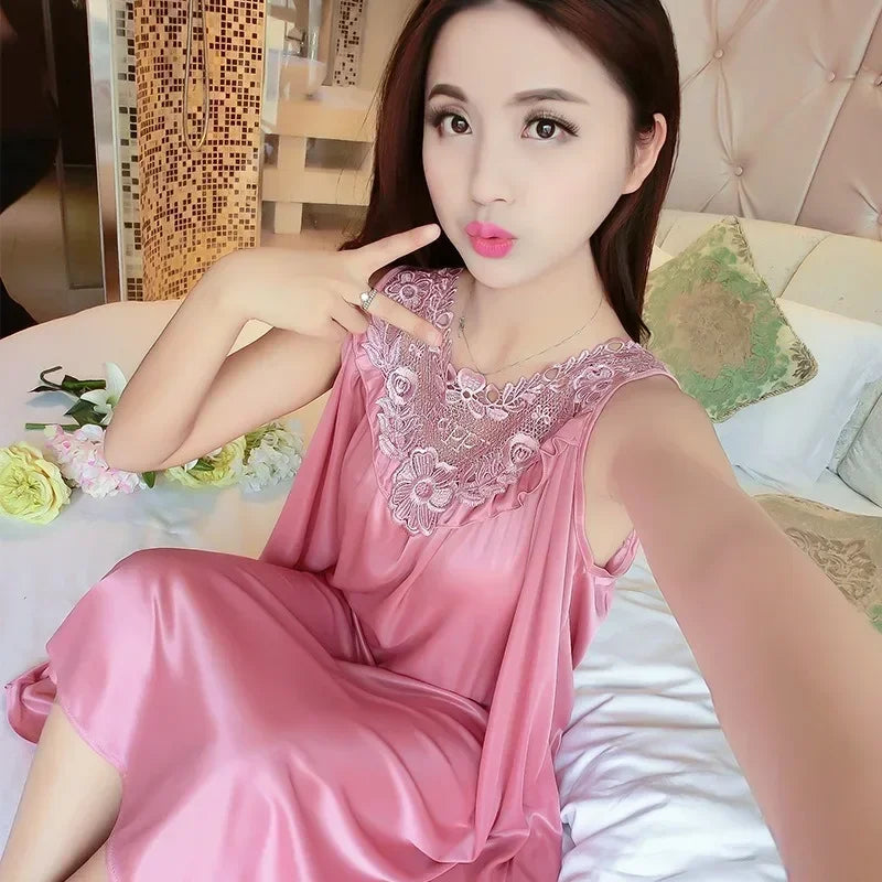 Summer Imitation Silk Nightgowns Women 2025 Sexy Sleepwear Nightwear Female  Spaghetti Strap Underwear Lace Breathable Homewear