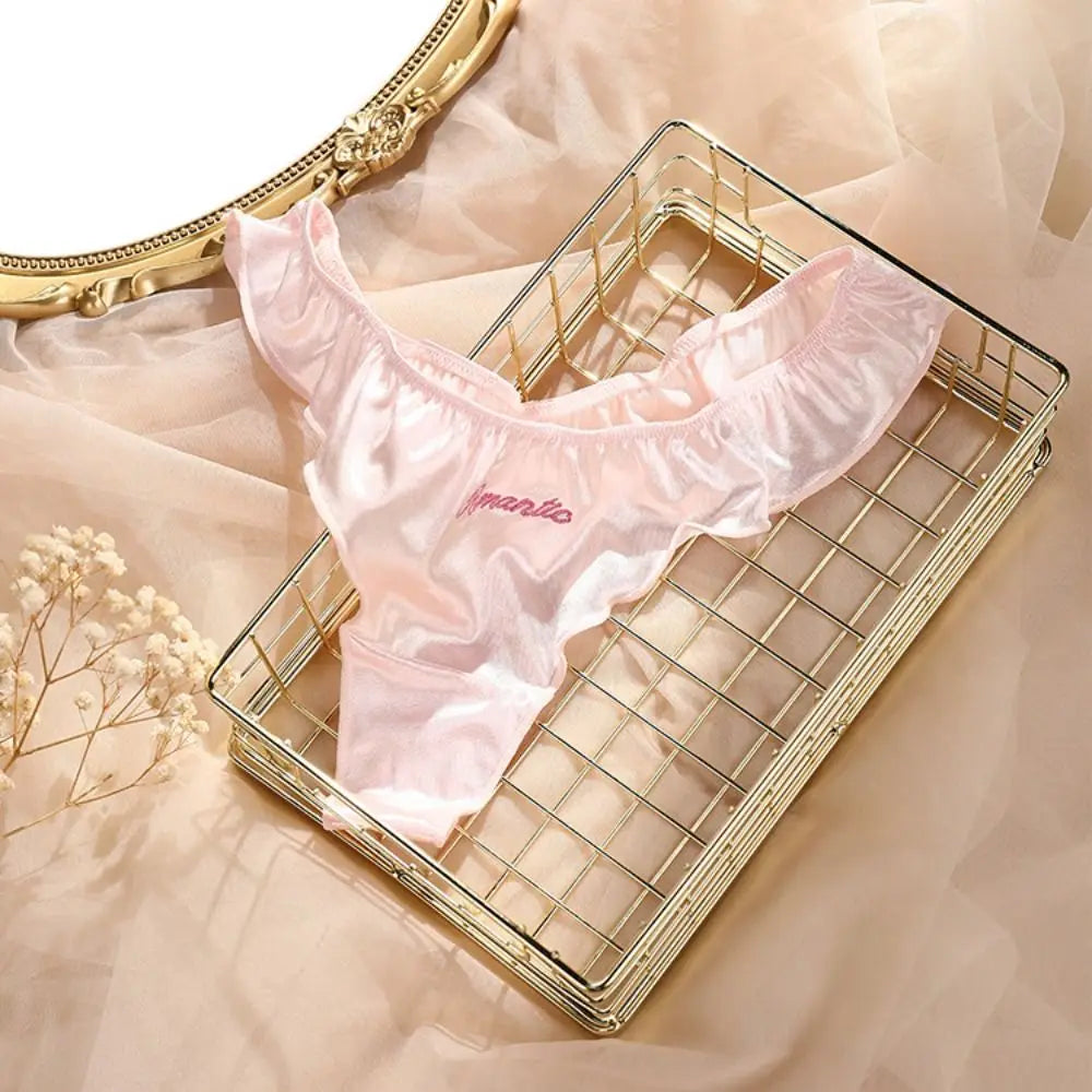 INTIMO SECRETS Pink Satin Silk Ruffle Thong – Sexy Low-Waist G-String for Women