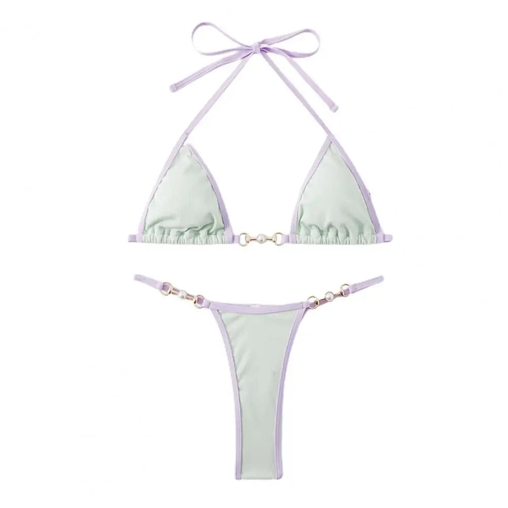 INTIMO SECRETS Women Contrast Halter Bikini Set Deep V Pearl Swimwear