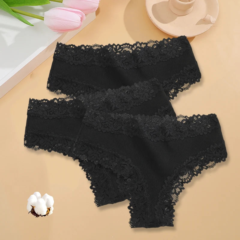 INTIMO SECRETS 3PCS Lace Cotton Thongs – Sexy Low-Rise Seamless G-String Underwear for Women S-XL