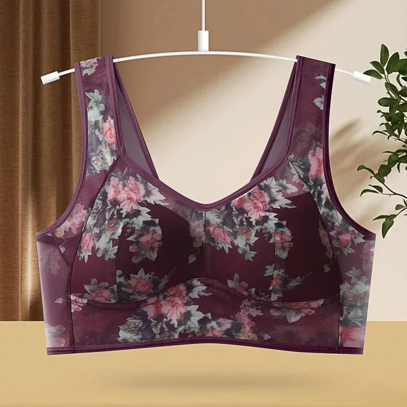 Plus Size Fixed Cup Bra Wireless Breathable Summer Thin Underwear One-Piece Vest Style for Middle-Aged And Elderly People
