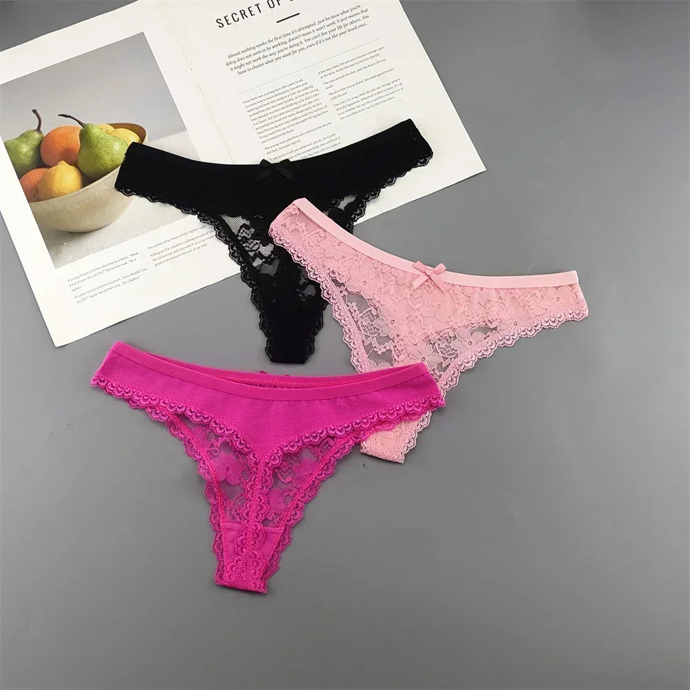 INTIMO SECRETS Plus Size Lace Cotton Thongs – Seamless T-Back G-String Underwear for Women 3PC