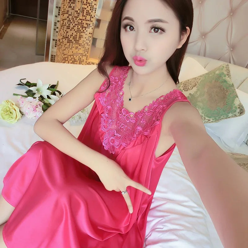 Summer Imitation Silk Nightgowns Women 2025 Sexy Sleepwear Nightwear Female  Spaghetti Strap Underwear Lace Breathable Homewear