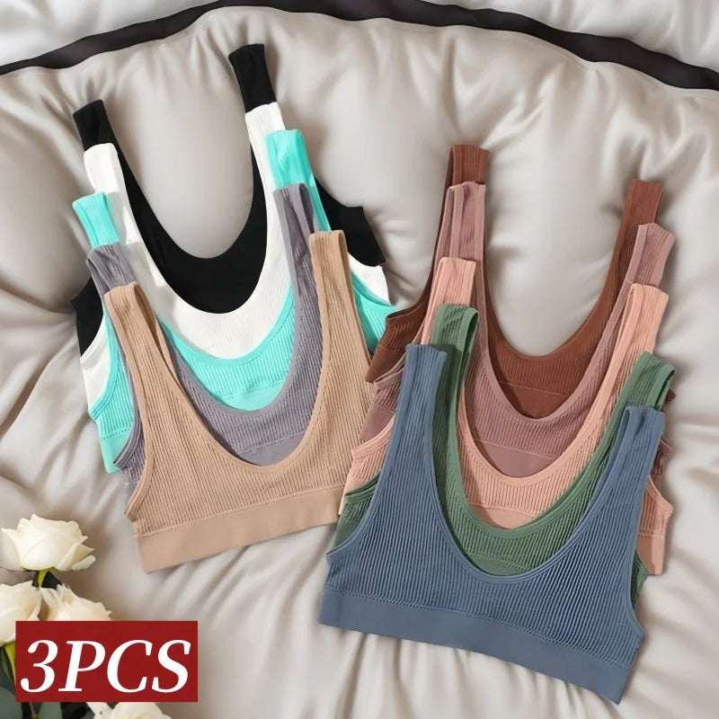 INTIMO SECRETS 3-Piece Seamless Push-Up Sports Bra Set – Deep U-Shape Ribbed Lingerie