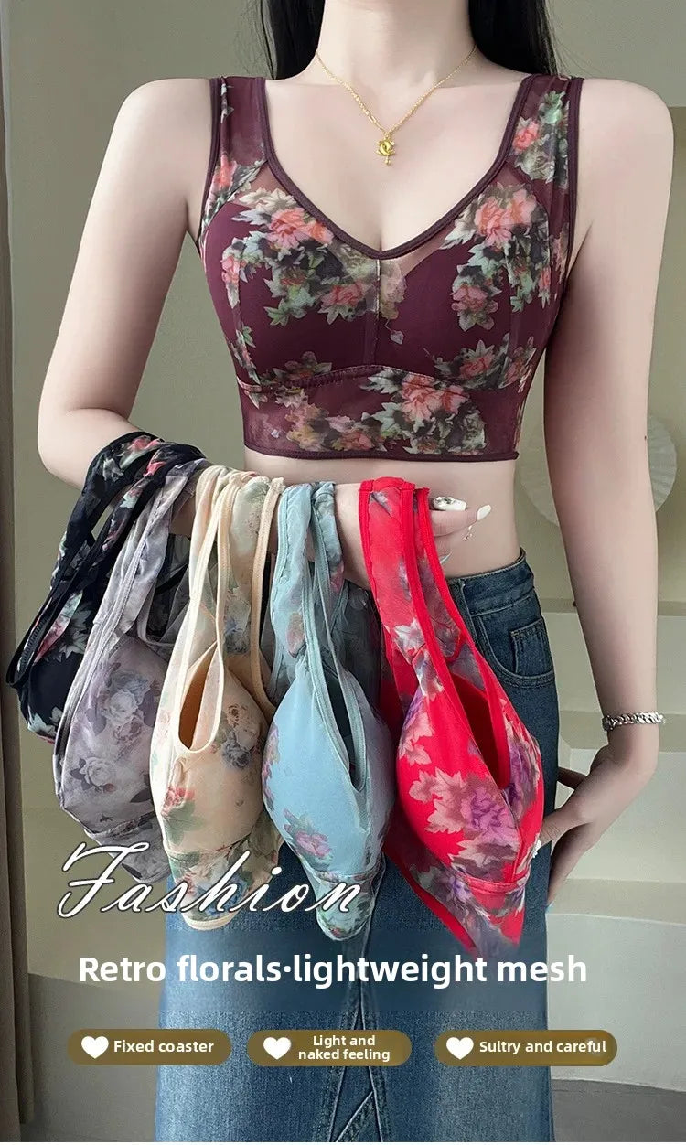 Plus Size Fixed Cup Bra Wireless Breathable Summer Thin Underwear One-Piece Vest Style for Middle-Aged And Elderly People