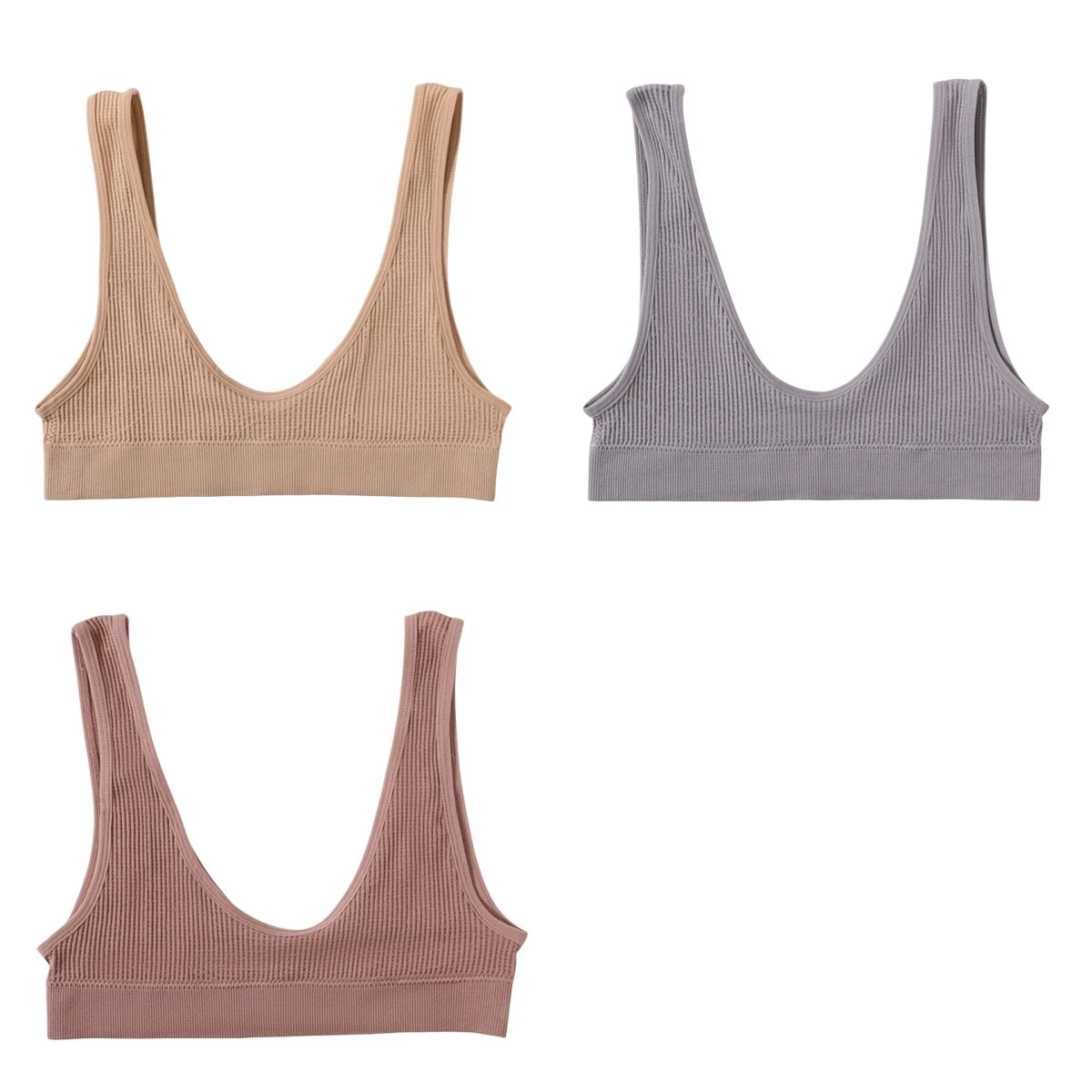 INTIMO SECRETS 3-Piece Seamless Push-Up Sports Bra Set – Deep U-Shape Ribbed Lingerie