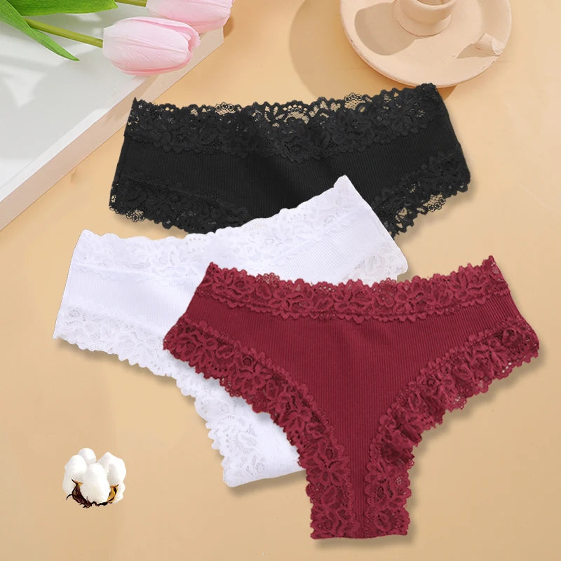 INTIMO SECRETS 3PCS Lace Cotton Thongs – Sexy Low-Rise Seamless G-String Underwear for Women S-XL