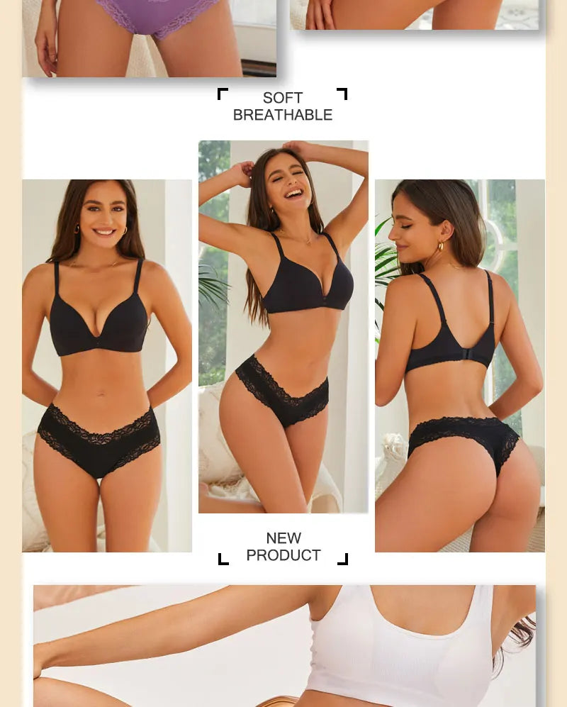 INTIMO SECRETS 3PCS Lace Cotton Thongs – Sexy Low-Rise Seamless G-String Underwear for Women S-XL