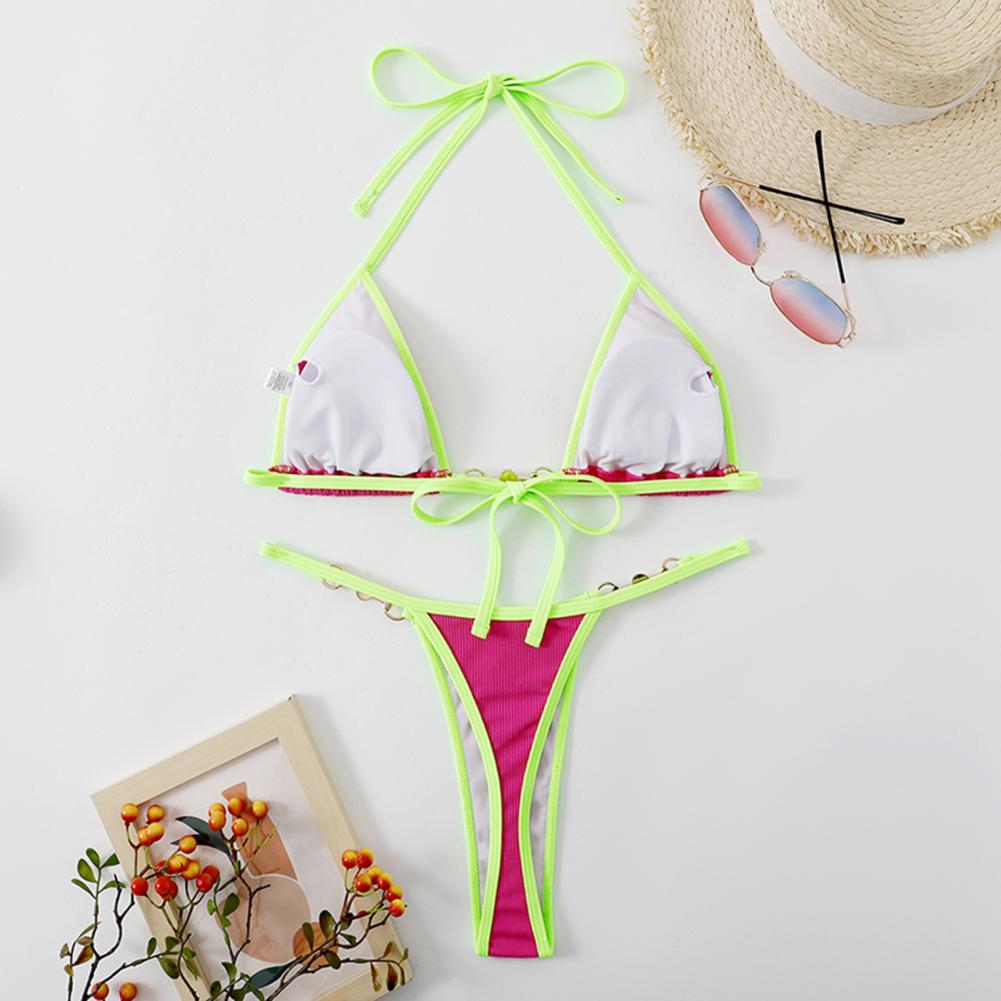 INTIMO SECRETS Women Contrast Halter Bikini Set Deep V Pearl Swimwear