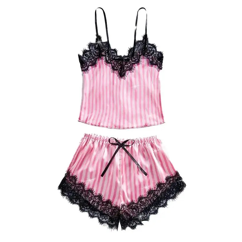 Two Piece Women's V-Neck Sexy Lace Suspender Pajama Shorts Set Casual Women's Sleeveless Sexy Pajama Set