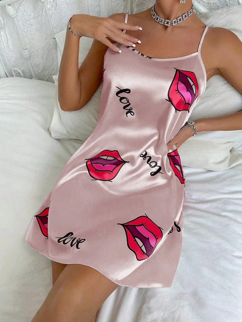 Ladies Sexy Sling Nightgown Nightdress Women's Sexy Lingerie Silk Satin Sleepwear Floral Pinting Nightwear Homewear Mini Dress