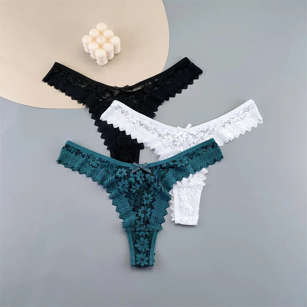INTIMO SECRETS 3PCS Lace Thongs – Transparent Mid-Waist G-Strings Plus Size