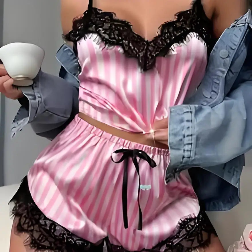 Two Piece Women's V-Neck Sexy Lace Suspender Pajama Shorts Set Casual Women's Sleeveless Sexy Pajama Set