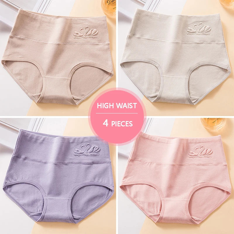 Plus Size M-5XL 4Pcs/Set High Waist Cotton Panties Women Body Shaper Underwear Soft Print Girls Briefs Slimming Female Lingerie