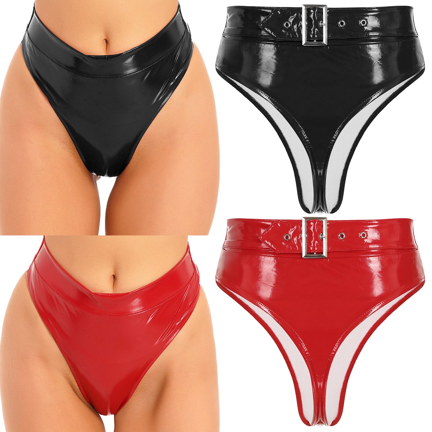 Womens Adult Sexy Thong Latex Panties Lingerie Wet Look Patent Leather Briefs Underwear Buckle Belted Pole Dance PVC Panties