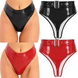 Womens Adult Sexy Thong Latex Panties Lingerie Wet Look Patent Leather Briefs Underwear Buckle Belted Pole Dance PVC Panties