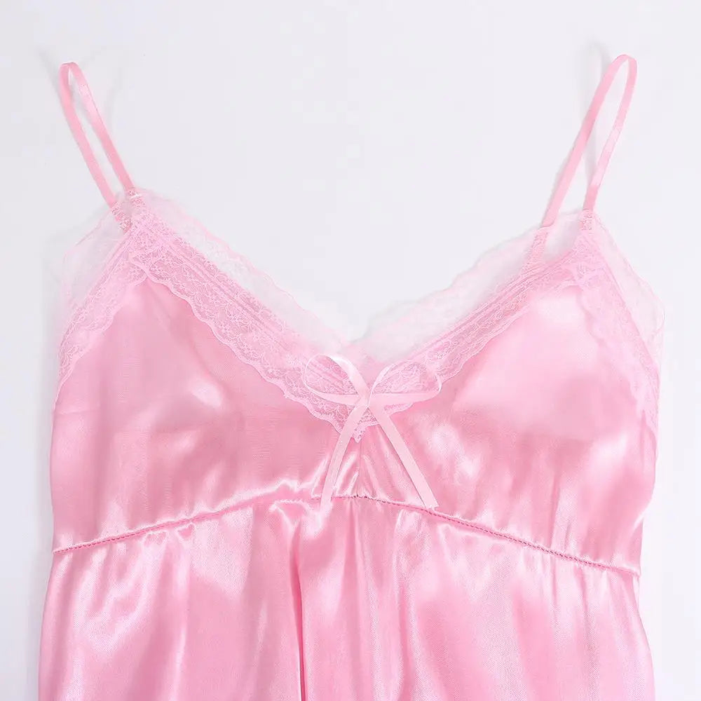 Cute Lace Camisola Patchwork Women's Nightgowns Lingerie Nighty Bowknots Nightwear Women