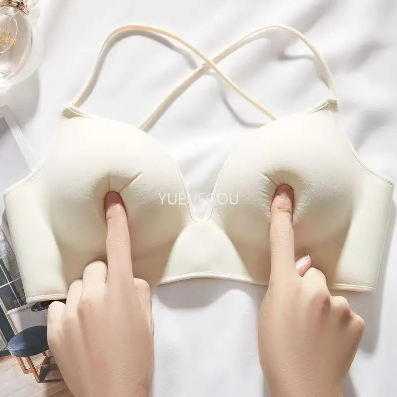 INTIMO SECRETS Women’s Thick Push-Up Bra – AA Cup, Wireless, Cross Strap, Seamless T-Shirt Bra