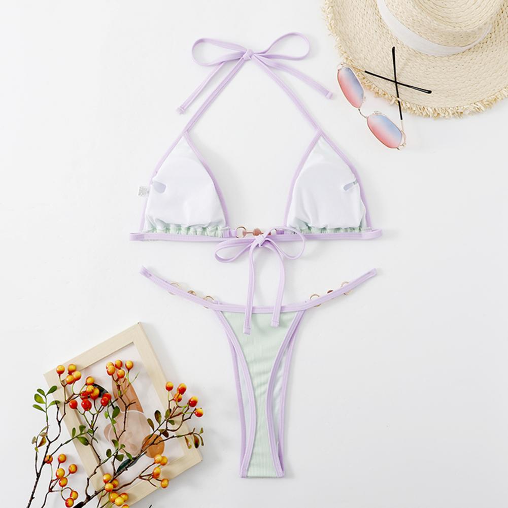 INTIMO SECRETS Women Contrast Halter Bikini Set Deep V Pearl Swimwear