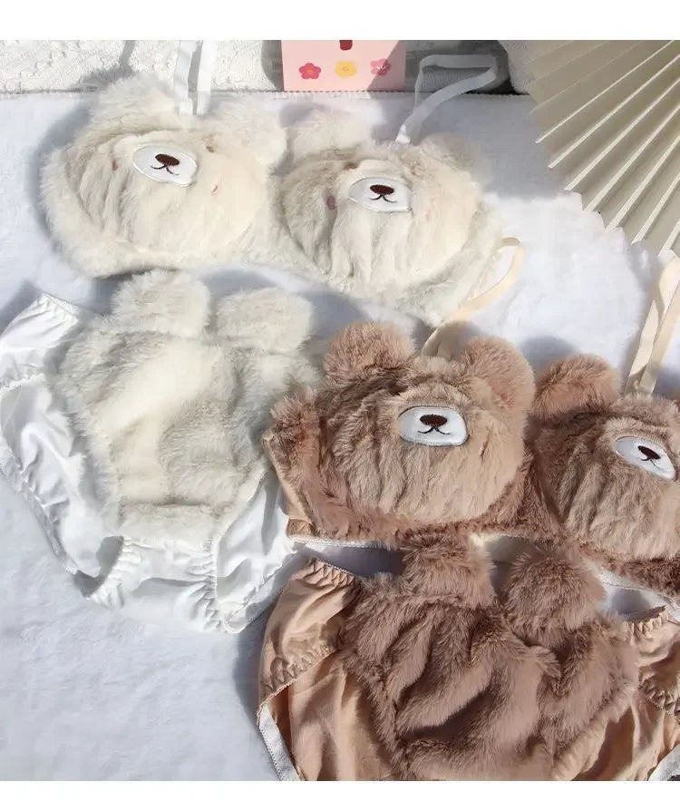 Japanese Cute Girl Plush Underwear Autumn And Winter Japanese Bra Set Without Underwire Warm