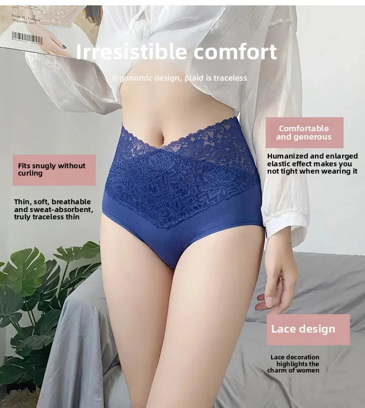 INTIMO SECRETS High Waist Cotton Briefs - V-Neck Lace Abdomen Control