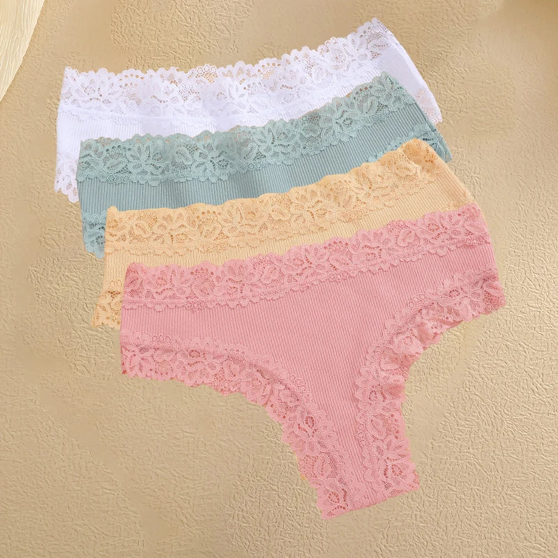 4Pcs/Set Women's Cotton Panties Lace Sexy Brazilian Pants Floral Lace Underwear Trendy Patchwork Briefs  Female Soft Underpants