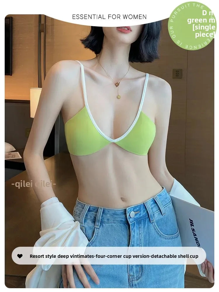Women's Thin Summer French Style Sexy Deep U Shell Cup Bra Wireless Seamless Fashionable Underwear Comfortable Home Clothes