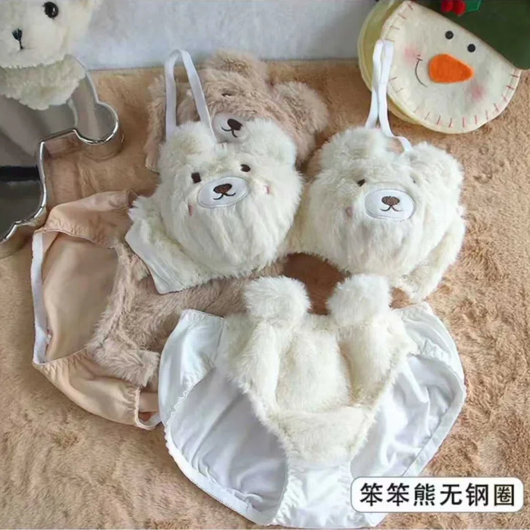 Japanese Cute Girl Plush Underwear Autumn And Winter Japanese Bra Set Without Underwire Warm