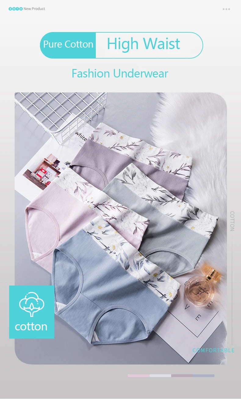 4PCS High Waist Women's Panties Breathable Cotton Panty Lovely Print Ladies Underwear Plus Size Female Lingerie Girls Briefs