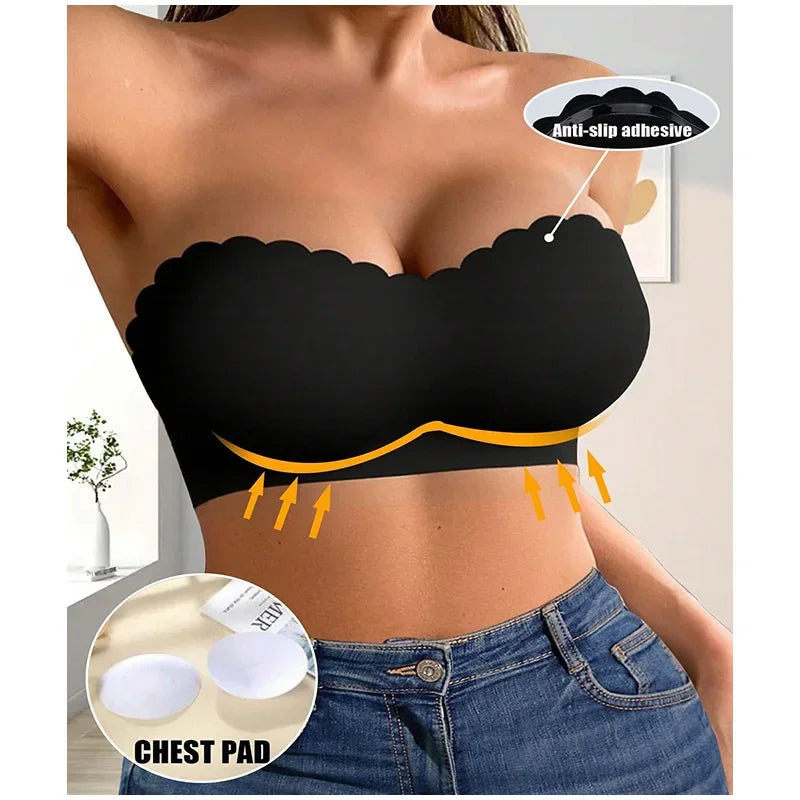 Women's Sexy Strapless Wavy Trim Bandeau Bra Seamless Backless With Side Clasp Ice Silk Top Women Anti-slip Off-shoulder Bra