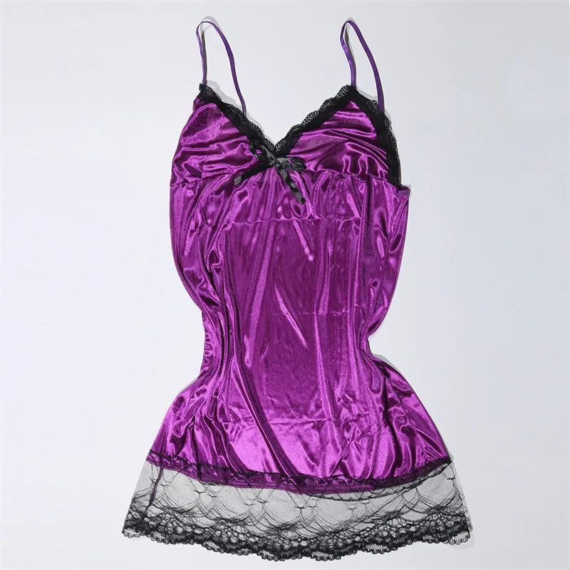 Sexy V-neck Women Lingerie Night Dress Sleeveless Ladies Satin Nightgown Plus Size XL-5XL Lace Sleepwear Nightwear Lingeries