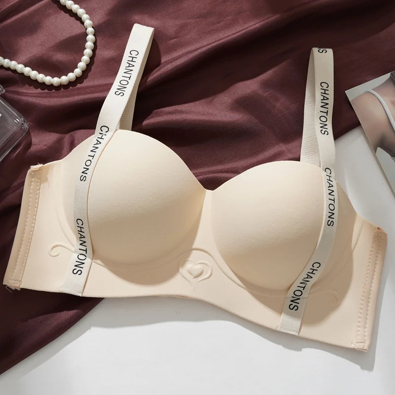 Seamless Letter Print Push Up Bras for Women Without Steel Rings Trendy Underwear Anti-Slip Small Chest Bra Adjustable Straps