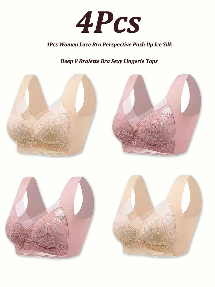 INTIMO SECRETS 4-Piece Lace Push-Up Bra Set – Ice Silk Deep V Bralette, Plus Size L-5XL
