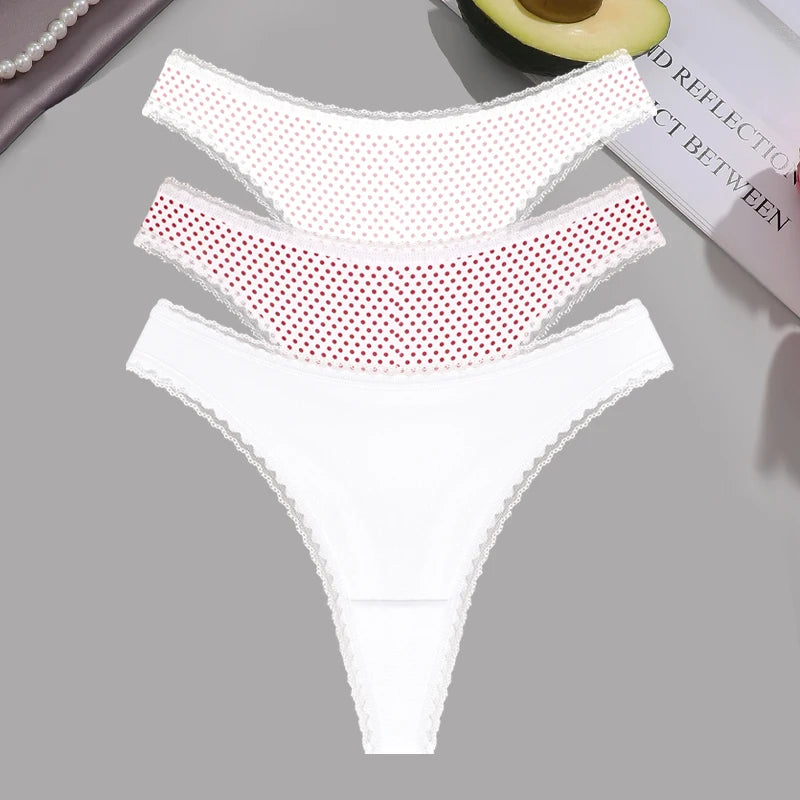 INTIMO SECRETS 3PCS Dot Print Thongs – Seamless Low-Waist Lace G-String Underwear for Women