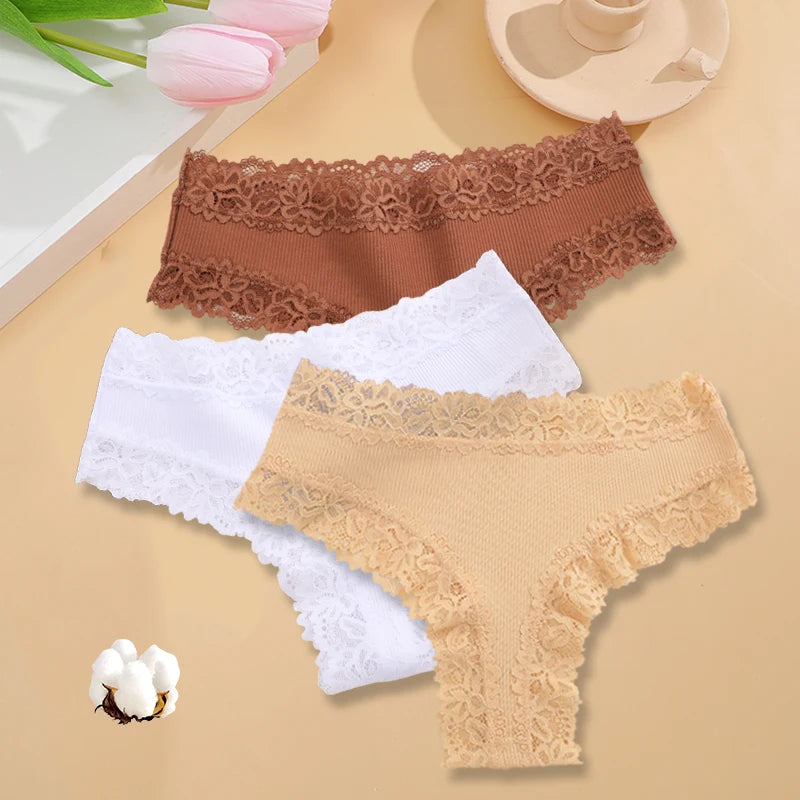 INTIMO SECRETS 3PCS Lace Cotton Thongs – Sexy Low-Rise Seamless G-String Underwear for Women S-XL