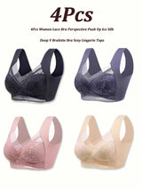 INTIMO SECRETS 4-Piece Lace Push-Up Bra Set – Ice Silk Deep V Bralette, Plus Size L-5XL