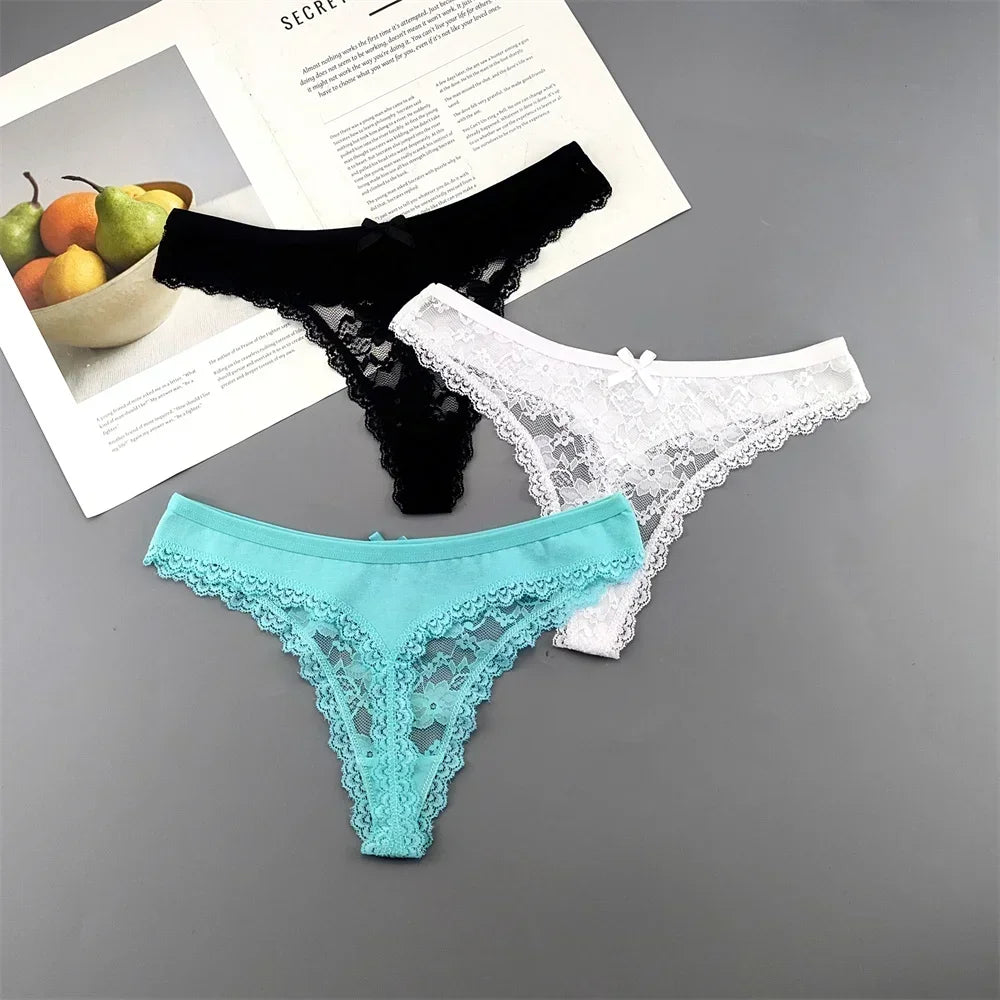 INTIMO SECRETS Plus Size Lace Cotton Thongs – Seamless T-Back G-String Underwear for Women 3PC