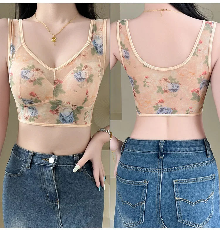 Plus Size Fixed Cup Bra Wireless Breathable Summer Thin Underwear One-Piece Vest Style for Middle-Aged And Elderly People