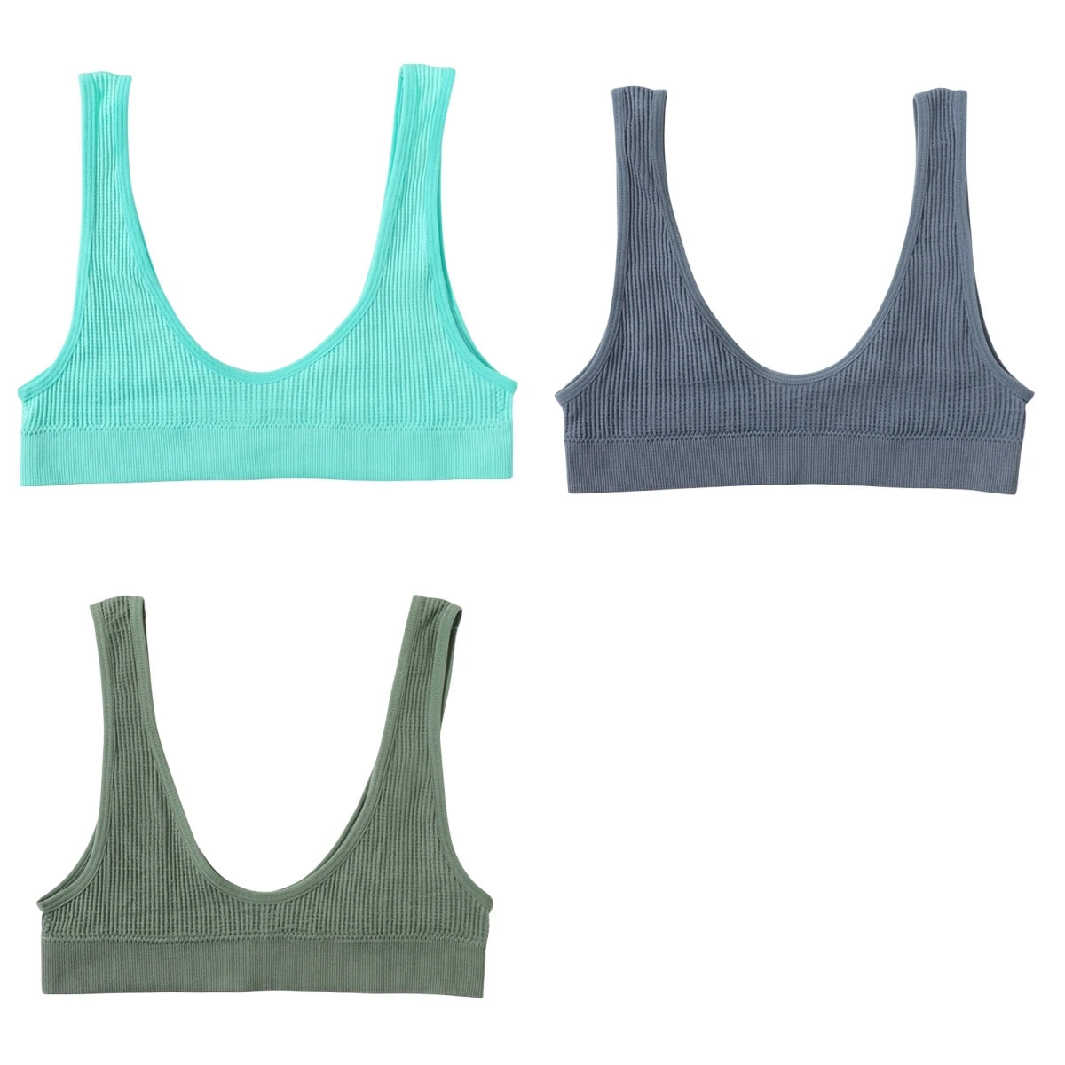 INTIMO SECRETS 3-Piece Seamless Push-Up Sports Bra Set – Deep U-Shape Ribbed Lingerie