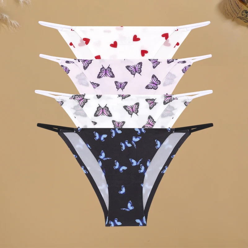 4Pcs/Set Graphic Print Briefs Women Seamless Ultra-thin Panties Sexy Low Waist Leopard Love Underwear Girls Breathable Lingerie