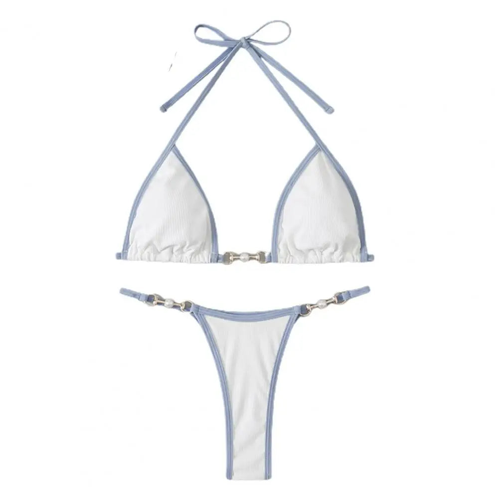 INTIMO SECRETS Women Contrast Halter Bikini Set Deep V Pearl Swimwear