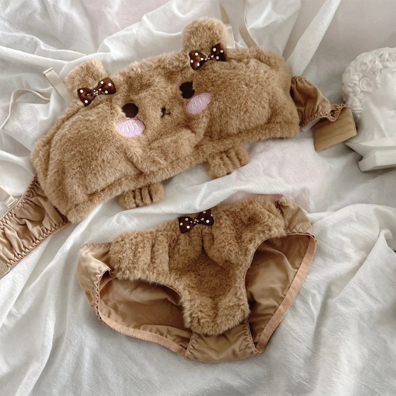 INTIMO SECRETS Winter Plush Bra & Panty – Cute Cartoon Bear Tube Top