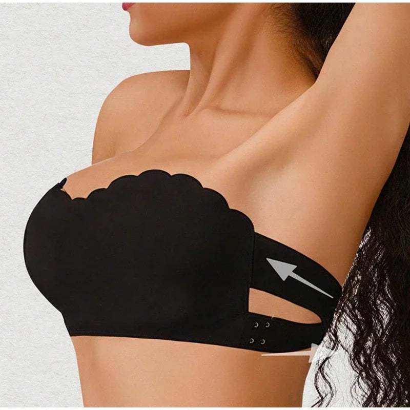Women's Sexy Strapless Wavy Trim Bandeau Bra Seamless Backless With Side Clasp Ice Silk Top Women Anti-slip Off-shoulder Bra