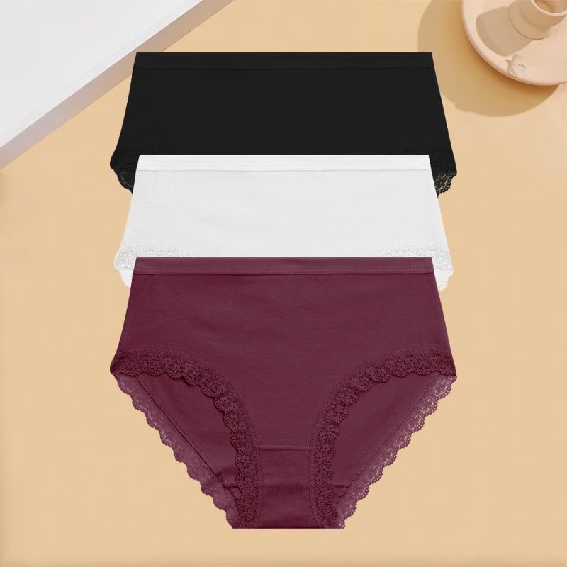 INTIMO SECRETS 3PCS Cotton Lace Panties – Plus Size Women’s Mid-Waist Lingerie