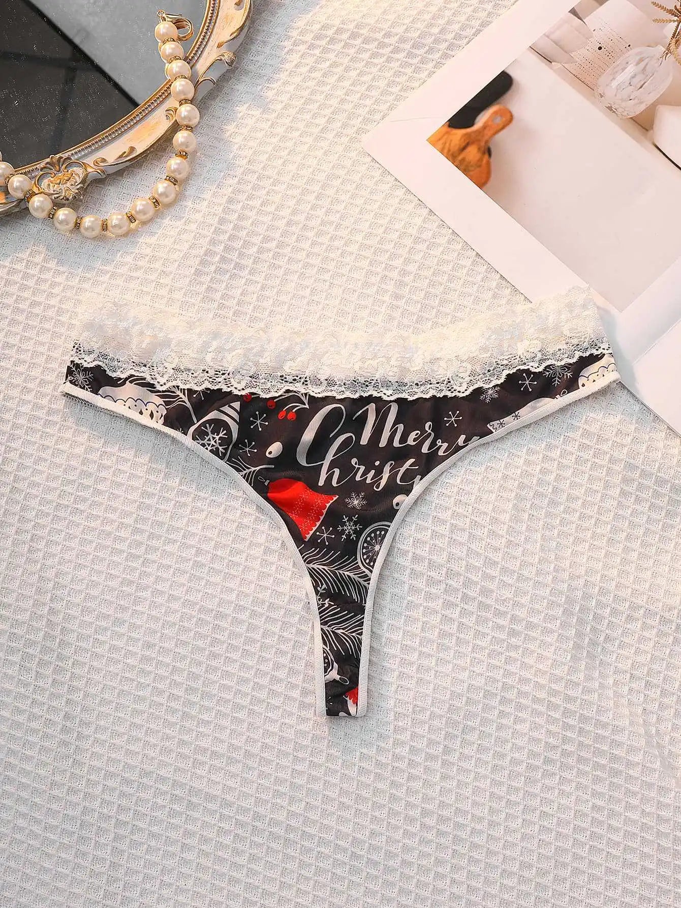 INTIMO SECRETS Sexy Christmas Print G-String – Festive Lace Thong & Breathable Soft Holiday Lingerie